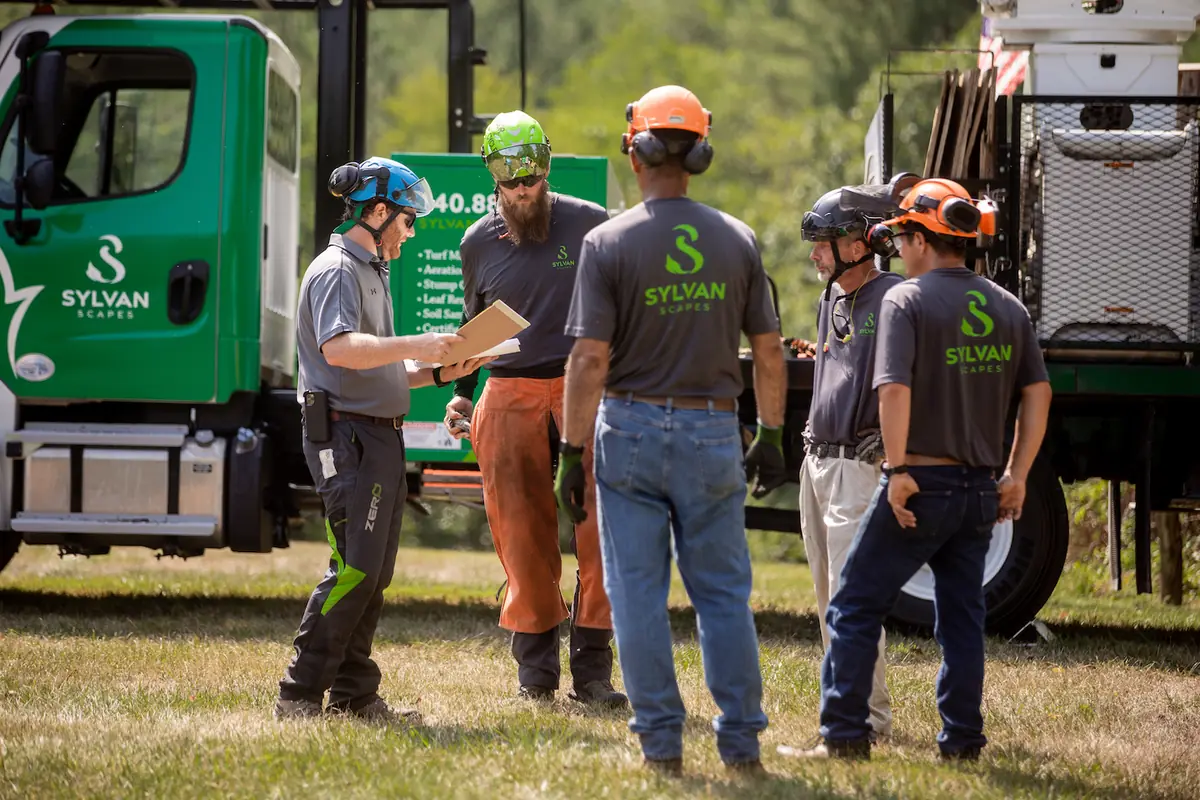 Sylvan Scapes crew going over the job plan at their trucks before starting work